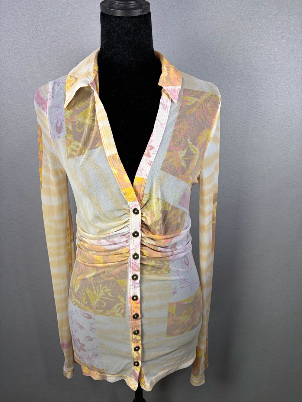 Free People Sheer Yellow Floral Button-Front Long Sleeve Dress